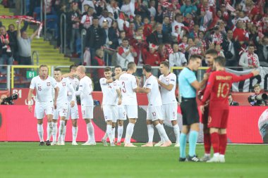 CHORZOW, POLAND - OCTOBER 11, 2018: UEFA Nations League 2019: Poland - Portugal o/p Kamil Glik, Piotr Zielinski, Jan Bednarek, Artur Jedrzejczyk, Jan Bednarek
