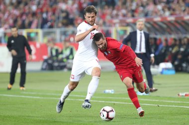 Chorzow, Polonya - 11 Ekim 2018: Uefa Milletler Ligi 2019: Polonya - Portekiz o/p Rafa Silva, Bartosz Bereszynski, Rafa Silva