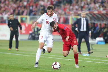 Chorzow, Polonya - 11 Ekim 2018: Uefa Milletler Ligi 2019: Polonya - Portekiz o/p Rafa Silva, Bartosz Bereszynski, Rafa Silva