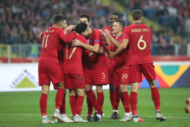 Chorzow, Polonya - 11 Ekim 2018: Uefa Milletler Ligi 2019: Polonya - Portekiz o/p Andre Silva, Pepe, Mario Rui
