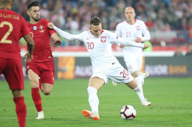 Chorzow, Polonya - 11 Ekim 2018: Uefa Milletler Ligi 2019: Polonya - Portekiz o/p Piotr Zielinski