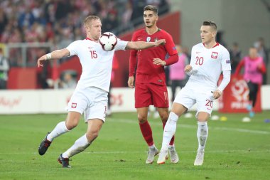Chorzow, Polonya - 11 Ekim 2018: Uefa Milletler Ligi 2019: Polonya - Portekiz o/p Kamil Glik, Piotr Zielinski, Andre Silva