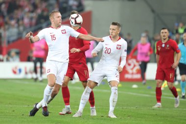 Chorzow, Polonya - 11 Ekim 2018: Uefa Milletler Ligi 2019: Polonya - Portekiz o/p Kamil Glik, Piotr Zielinski, Andre Silva