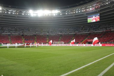 CHORZOW, POLAND - OCTOBER 14, 2018: UEFA Nations League 2019: Poland - Italy o/p football fans clipart