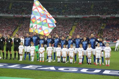 CHORZOW, POLAND - OCTOBER 14, 2018: UEFA Nations League 2019: Poland - Italy o/p Gianluigi Donnarumma, Giorgio Chiellini, Marco Veratti, Jorginho, Lorenzo Insigne, Federico Chiesa, Cristiano Biarghi, Alessandro Florenzi, Leonardo Bonucci, Federico Be