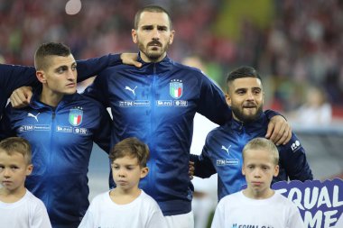 Chorzow, Polonya - 14 Ekim 2018: Uefa Milletler Ligi 2019: Polonya - İtalya o/p Marco Veratti, Leonardo Bonucci, Lorenzo Insigne