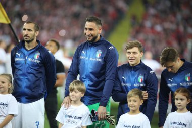 Chorzow, Polonya - 14 Ekim 2018: Uefa Milletler Ligi 2019: Polonya - İtalya o/p Giorgio Chiellini, Gianluigi Donnarumma, Nicolo Barella