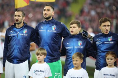 Chorzow, Polonya - 14 Ekim 2018: Uefa Milletler Ligi 2019: Polonya - İtalya o/p Giorgio Chiellini, Gianluigi Donnarumma, Nicolo Barella