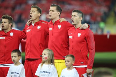 Chorzow, Polonya - 14 Ekim 2018: Uefa Milletler Ligi 2019: Polonya - İtalya o/p Jan Bednarek, Wojciech Szczesny, Robert Lewandowski