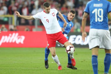 Chorzow, Polonya - 14 Ekim 2018: Uefa Milletler Ligi 2019: Polonya - İtalya o/p Robert Lewandowski, Marco Veratti
