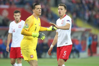 Chorzow, Polonya - 14 Ekim 2018: Uefa Milletler Ligi 2019: Polonya - İtalya o/p Jan Bednarek, Wojciech Szczesny