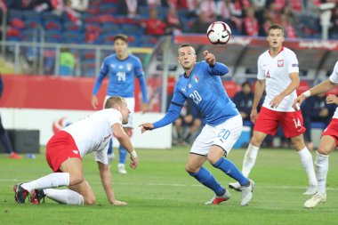 Chorzow, Polonya - 14 Ekim 2018: Uefa Milletler Ligi 2019: Polonya - İtalya o/p Federico Bernardeschi, Kamil Glik