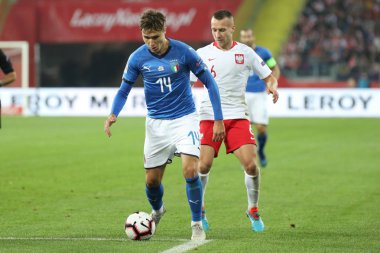 Chorzow, Polonya - 14 Ekim 2018: Uefa Milletler Ligi 2019: Polonya - İtalya o/p Federico Chiesa, Jacek Goralski