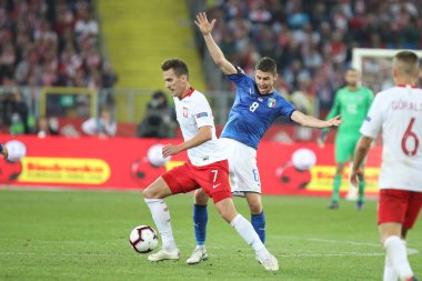Chorzow, Polonya - 14 Ekim 2018: Uefa Milletler Ligi 2019: Polonya - İtalya o/p Arkadiusz Milik, Jorginho