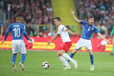 Chorzow, Polonya - 14 Ekim 2018: Uefa Milletler Ligi 2019: Polonya - İtalya o/p Arkadiusz Milik, Jorginho