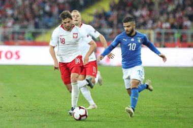 Chorzow, Polonya - 14 Ekim 2018: Uefa Milletler Ligi 2019: Polonya - İtalya o/p Bartosz Bereszynski, Lorenzo Insigne