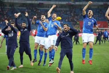 Chorzow, Polonya - 14 Ekim 2018: Uefa Milletler Ligi 2019: Polonya - İtalya o/p Cristiano Piccini, Leonardo Bonucci, Roberto Gagliardini
