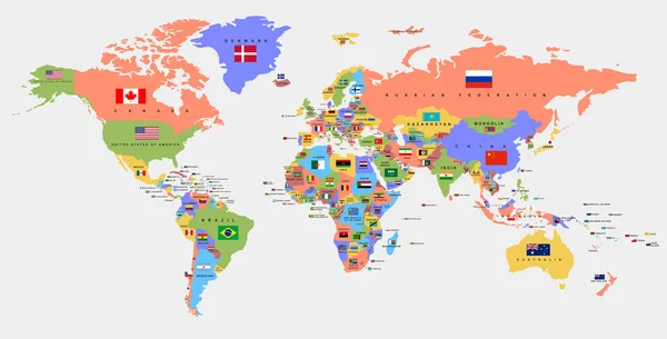 Mapa do mundo colorido com os nomes dos países e bandeiras. Mapa político . — Vetor de Stock