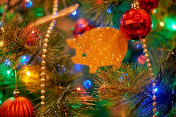 Árvore Natal Com Brinquedo Porco Dourado — Fotografia de Stock
