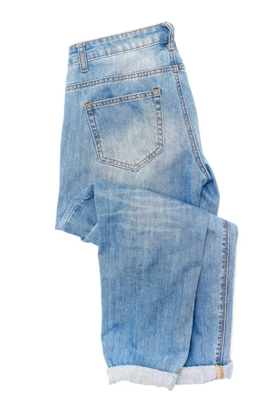 Blå Pojkvän Jeans Isolerade Vit Bakgrund Platt Låg — Stockfoto