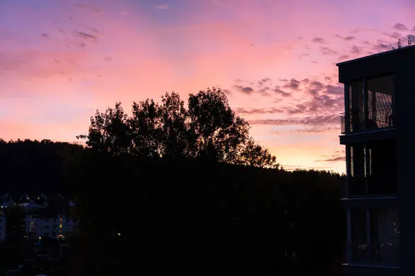 Κόκκινο βιολετί ηλιοβασίλεμα του ουρανού με το σπίτι και το δέντρο — Φωτογραφία Αρχείου
