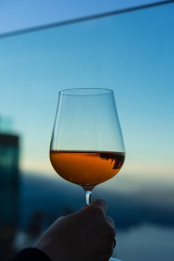 mavi gökyüzü arka plan ile bir içecek cam tutan kişi