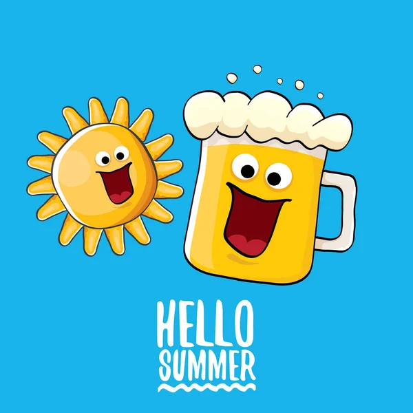 Vektor-Cartoon funky Bierglasfigur und Sommersonne isoliert auf blauem Hintergrund. Hallo Sommer Text und flippiges Bier Konzept Illustration. lustige Karikatur lächelnde Freunde. — Stockvektor