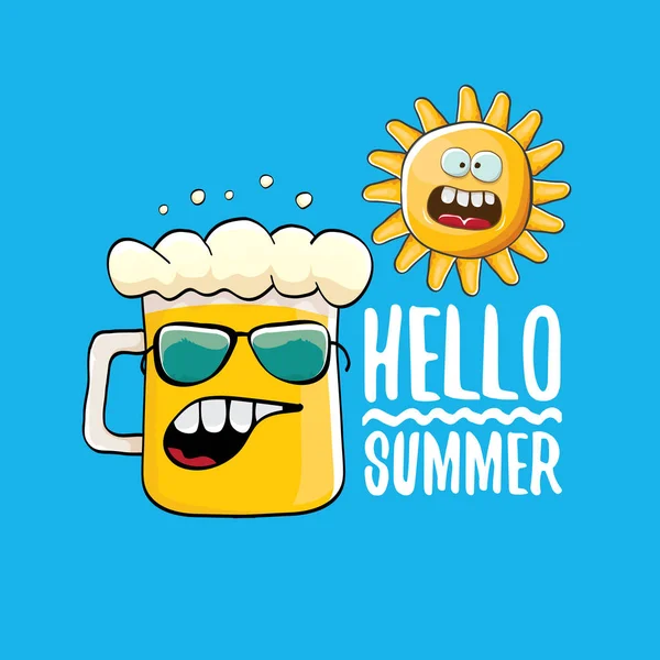 Vektor-Cartoon funky Bierglasfigur und Sommersonne isoliert auf blauem Hintergrund. Hallo Sommer Text und flippiges Bier Konzept Illustration. lustige Karikatur lächelnde Freunde. — Stockvektor