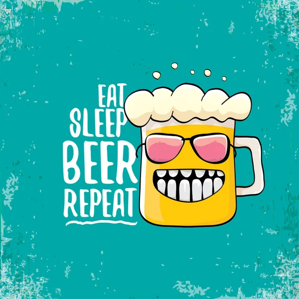 睡眠ビール繰り返しベクトル概念図や夏ポスターを食べる。ファンキーなビールおかしいスローガン t シャツ印刷用文字をベクトルします。国際ビール日ラベル — ストックベクタ