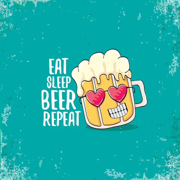 Comer cerveza sueño repetición vector concepto ilustración o cartel de verano. vector de carácter de cerveza funky con lema divertido para imprimir en tee. Etiqueta internacional del día de la cerveza — Vector de stock