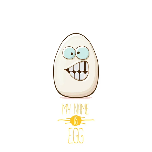 Weiße Eier Cartoon-Figuren isoliert auf weißem Hintergrund. Mein Name ist Ei-Vektor-Konzept Illustration. flippiges Bauernhof-Essen oder Osterfigur mit Augen — Stockvektor
