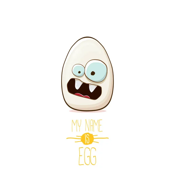 Karakter kartun telur putih diisolasi pada latar belakang putih. Nama saya adalah ilustrasi konsep vektor telur. funky farm food or easter character with eyes - Stok Vektor