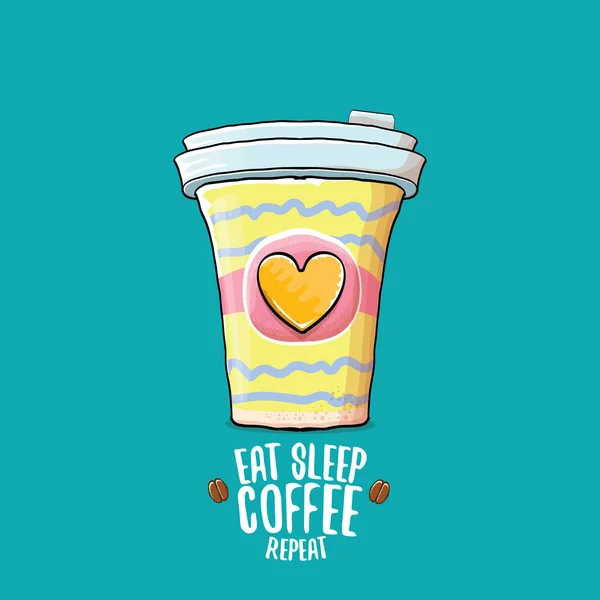 Comer sueño café repetición vector concepto ilustración o cartel. taza de papel de café funky vector con lema divertido para imprimir en tee . — Vector de stock