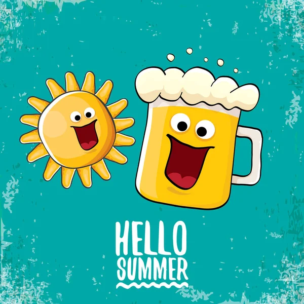 Vektor-Cartoon funky Bierglasfigur und Sommersonne isoliert auf azurblauem Hintergrund. Hallo Sommer Text und flippiges Bier Konzept Illustration. lustige Karikatur lächelnde Freunde. — Stockvektor
