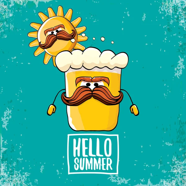 Vector funky bier glas stripfiguur en zomer zon geïsoleerd op azuurblauwe achtergrond. Hallo zomer tekst en funky bier concept illustratie. Grappige cartoon lachende vrienden. — Stockvector