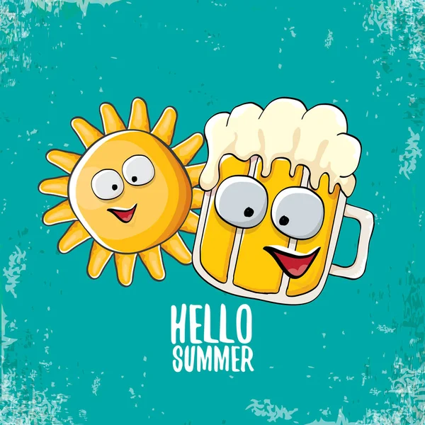 Vector cartoon funky beer glass character and summer sun isolated on azure background. Hello summer text and funky beer concept illustration. Funny cartoon smiling friends. — Stock Vector