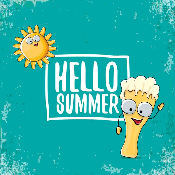 漫画ファンキーなビール ガラス文字をベクトルし、azure の背景に分離した太陽の夏します。こんにちは夏本文とファンキーなビールの概念図。笑顔の面白い漫画の友達. — ストックベクタ