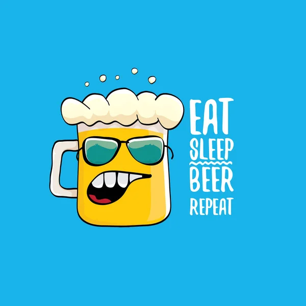 Mangiare birra sonno ripetizione concetto vettoriale illustrazione o poster estate. vector personaggio funky birra con slogan divertente per la stampa su tee. Etichetta internazionale della birra — Vettoriale Stock