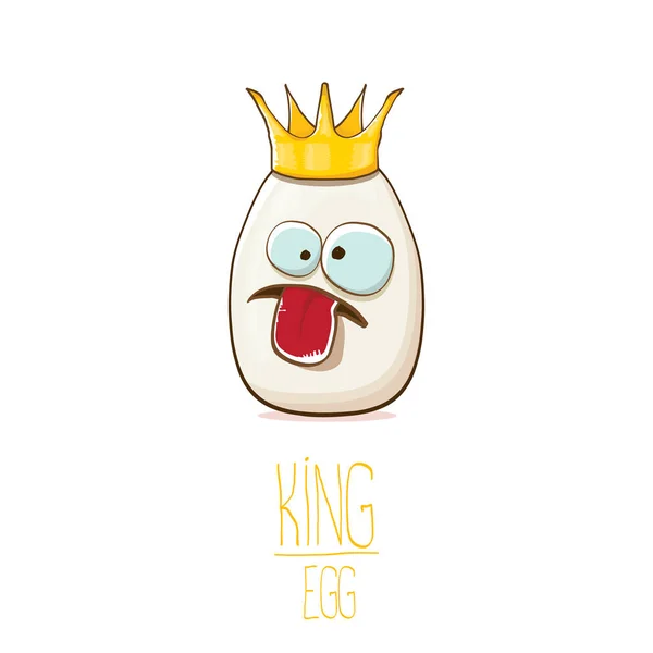 De koning van de witte ei met kroon stripfiguren geïsoleerd op een witte achtergrond. Mijn naam is ei vectorillustratie concept. Funky farm food of Pasen koning karakter met de ogen en mond — Stockvector
