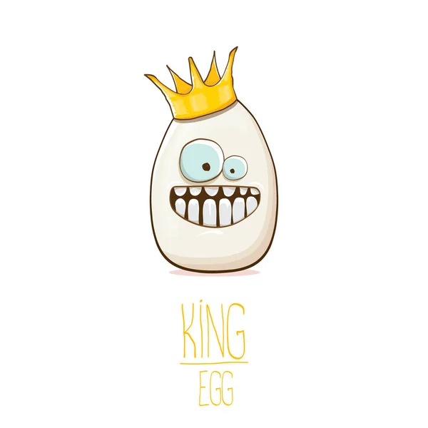 White egg king with crown cartoon characters isolated on white background. My name is egg vector concept illustration. funky farm food or easter king character with eyes and mouth — Stock Vector