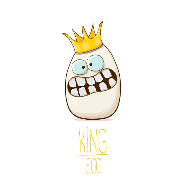 흰색 계란 킹 크라운 만화 캐릭터 흰색 배경에 고립. 내 이름은 계란 벡터 개념 그림입니다. 펑키 팜 음식이 나 부활절 킹 눈 및 입 문자 — 스톡 벡터