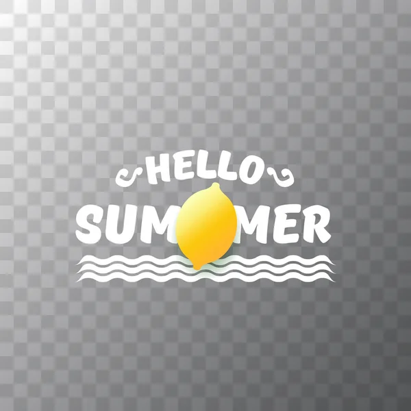 Вектор Hello Summer Beach Party Flyer Design искушает свежим лемоном, изолированным на прозрачном фоне. Летняя эмблема Hello или плакат с оранжевыми фруктами и текстом . — стоковый вектор