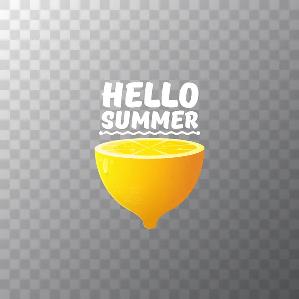 Vector Hello Summer Beach Party Flyer Design template with fresh lemon isolated on transparent background. Hello summer concept label or poster with orange fruit and text. — Stock Vector