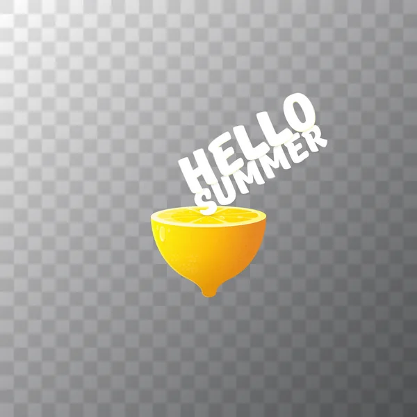 Vector Hello Summer Beach Party Flyer Design șablon cu lămâie proaspătă izolată pe fundal transparent. Hello vara concept etichetă sau poster cu fructe portocalii și text . — Vector de stoc