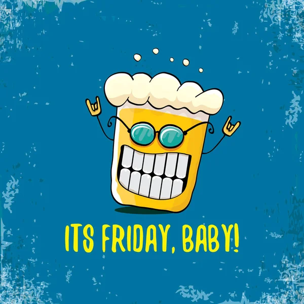Son illustration de concept de bébé vecteur vendredi avec bière funky personnage dessiné à la main isolé sur fond bleu grunge. heureux fond vectoriel vendredi ou affiche — Image vectorielle