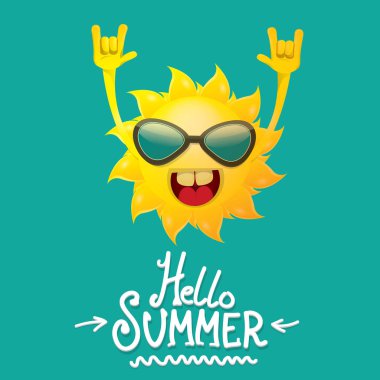 Merhaba yaz funky rock n roll azure üzerinde izole vektör etiket. funky güneş karakter tasarım şablonu ile yaz parti arka plan. vektör yaz parti poster