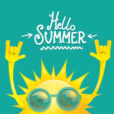 Merhaba yaz funky rock n roll azure üzerinde izole vektör etiket. funky güneş karakter tasarım şablonu ile yaz parti arka plan. vektör yaz parti poster