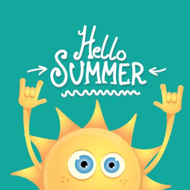 Merhaba yaz funky rock n roll azure üzerinde izole vektör etiket. funky güneş karakter tasarım şablonu ile yaz parti arka plan. vektör yaz parti poster