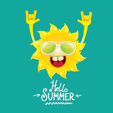 Merhaba yaz funky rock n roll azure üzerinde izole vektör etiket. funky güneş karakter tasarım şablonu ile yaz parti arka plan. vektör yaz parti poster