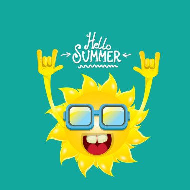 Merhaba yaz funky rock n roll azure üzerinde izole vektör etiket. funky güneş karakter tasarım şablonu ile yaz parti arka plan. vektör yaz parti poster